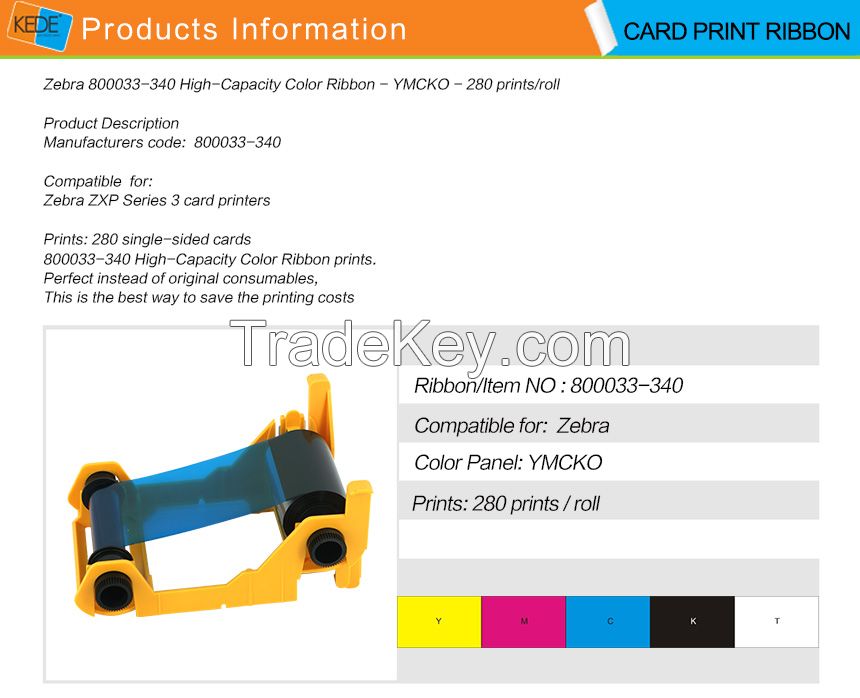 For Zebra ZXP3 800033-340 YMCKO compatible id card printer ribbon