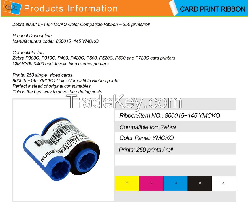 For Zebra 800015-145 YMCKO Color Ribbon - 250 prints