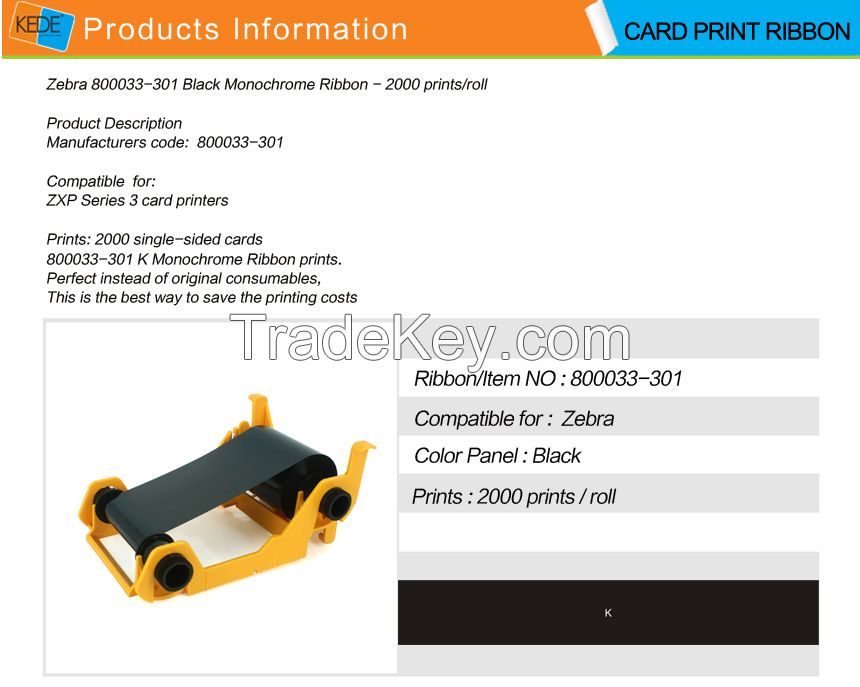 800033-301 black compatible card printer ribbon For Zebra ZXP3