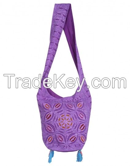 Purple Cotton Floral Applique Work Sling Bag