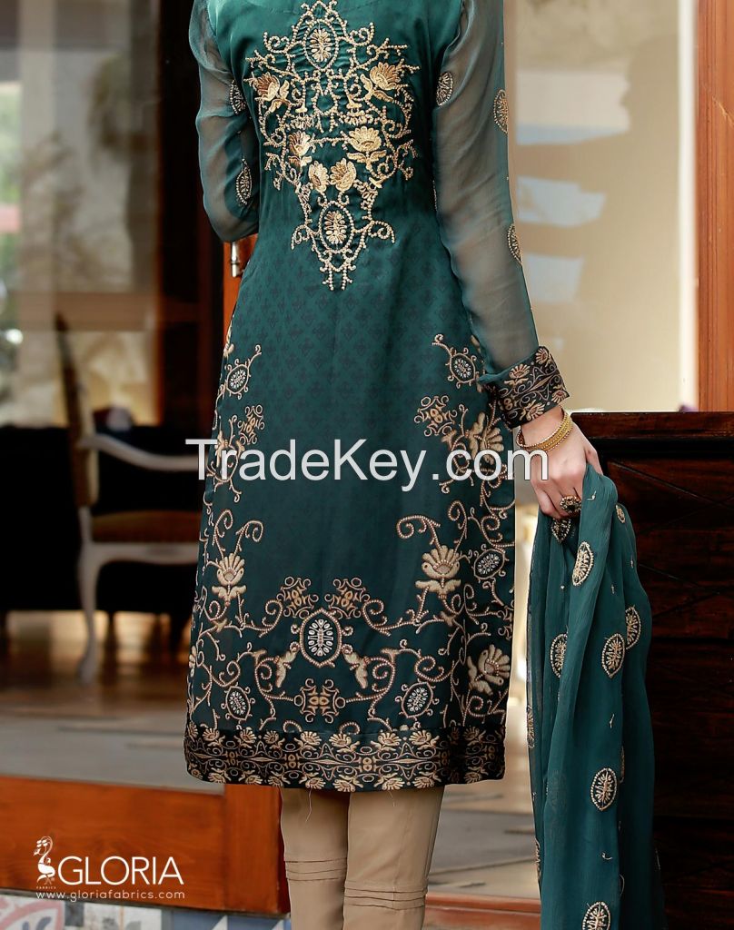 Sea Green Digital Silk Embroidered Inspiring Intricacy 3-Piece Unstitched Suit For Women - 1607