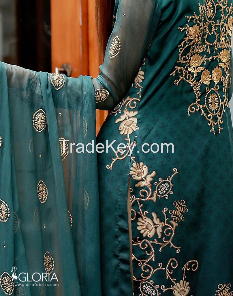 Sea Green Digital Silk Embroidered Inspiring Intricacy 3-Piece Unstitched Suit For Women - 1607