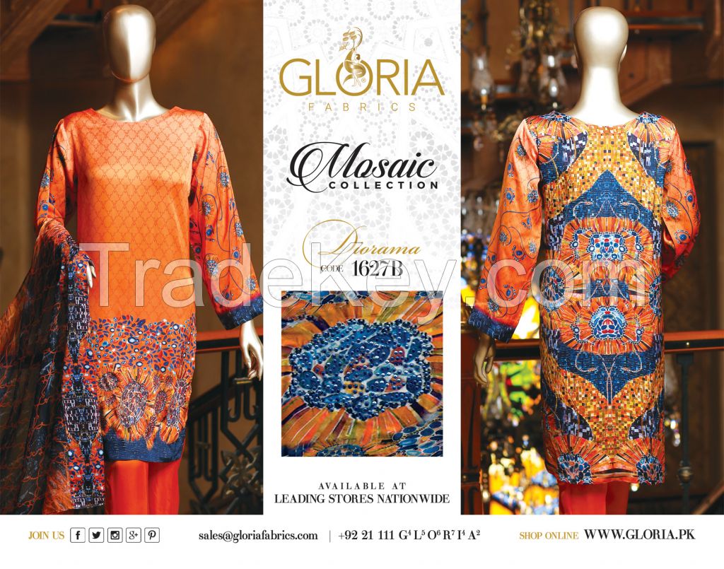 Mosaic - Printed & Stone Embellished 3-Piece Silk Unstitched Pakistani Designer Suit Collection For Women 
