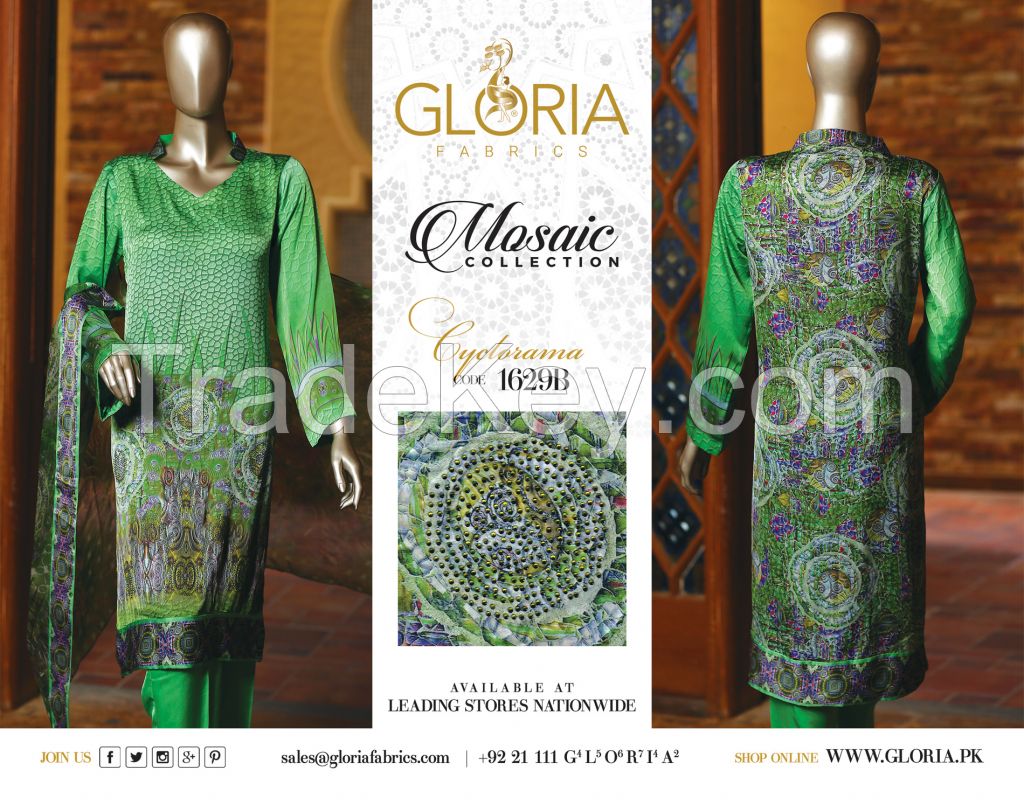 Mosaic - Printed & Stone Embellished 3-Piece Silk Unstitched Pakistani Designer Suit Collection For Women