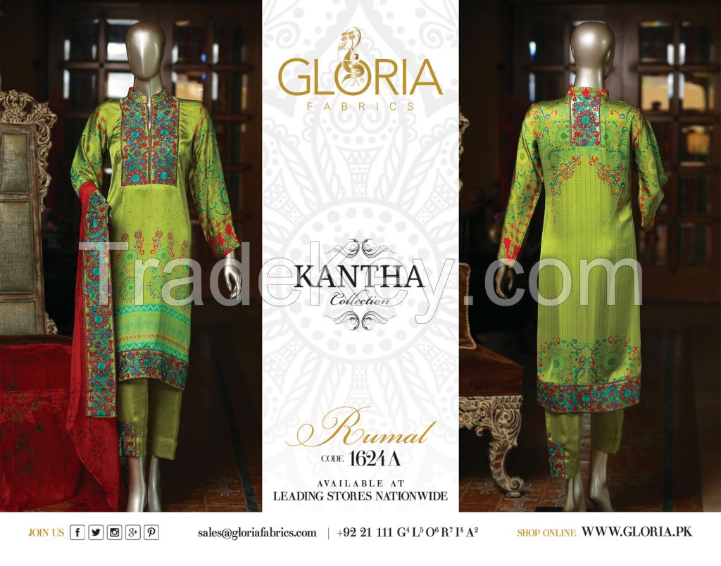 Digital Printed & Embroidered Kantha Silk 3-Piece Unstitched Suit Collection For Women