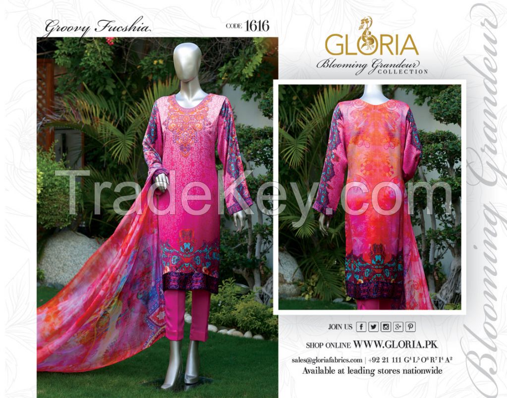 Digital Printed 3-Piece Unstitched Silk Charmeuse Pakistani Designer Suit With Embroidered (Neckline) For Women