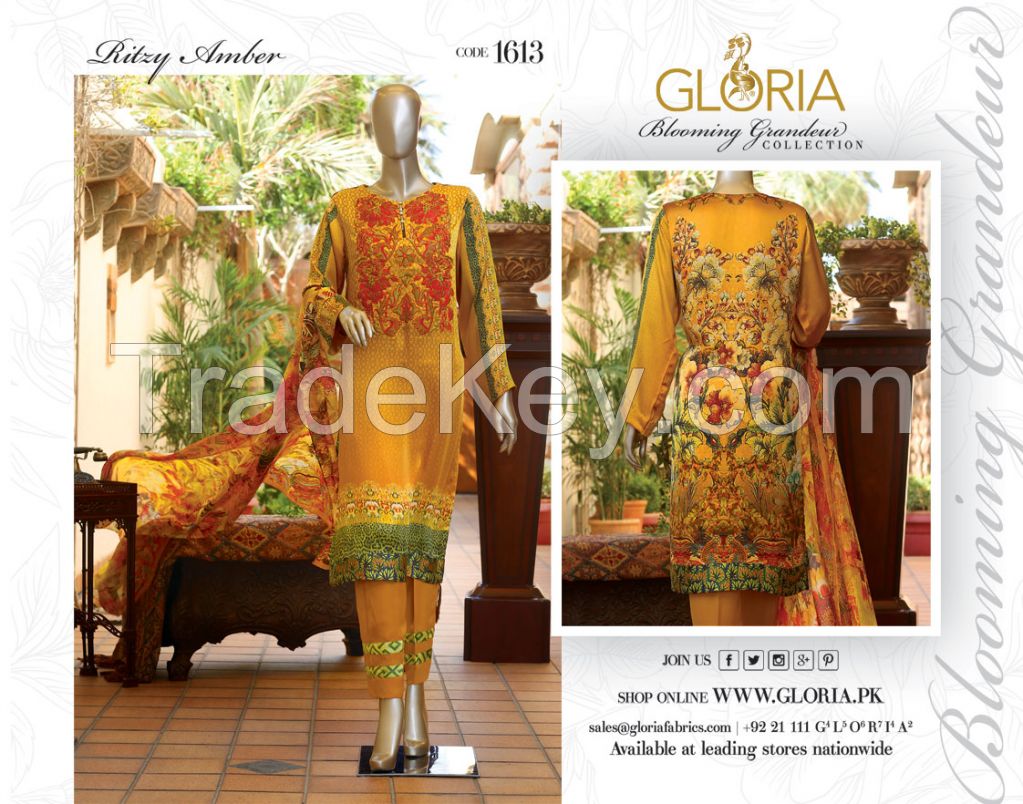Digital Printed 3-Piece Unstitched Silk Charmeuse Pakistani Designer Suit With Embroidered (Neckline) For Women