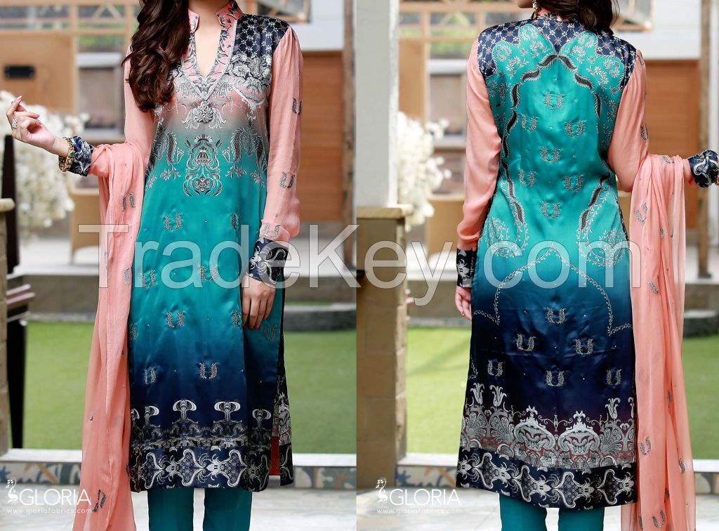 Ethnic Filigree Silk Collection - Digital Printed & Embroidered Silk (3Pcs) Designer Suit for Women