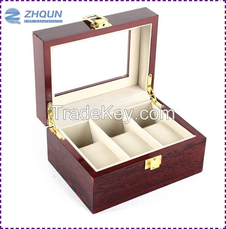 3-slots glossy piano lacquer wood watch box with pillows