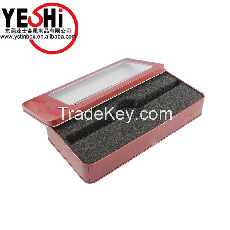 2016 New design rectangle watch packaging metal tin box with clear pvc