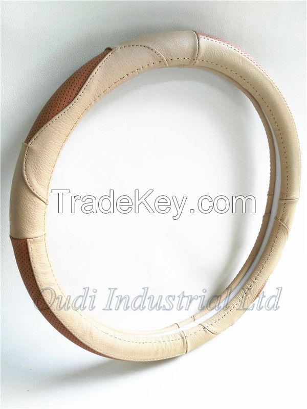 Tan/brown genuine leather steering wheel cover