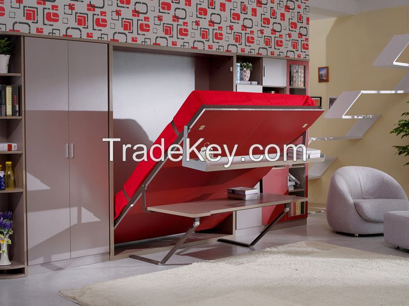 European Style Vertical Wall Bed with Desk and Bookshelf FJ-32