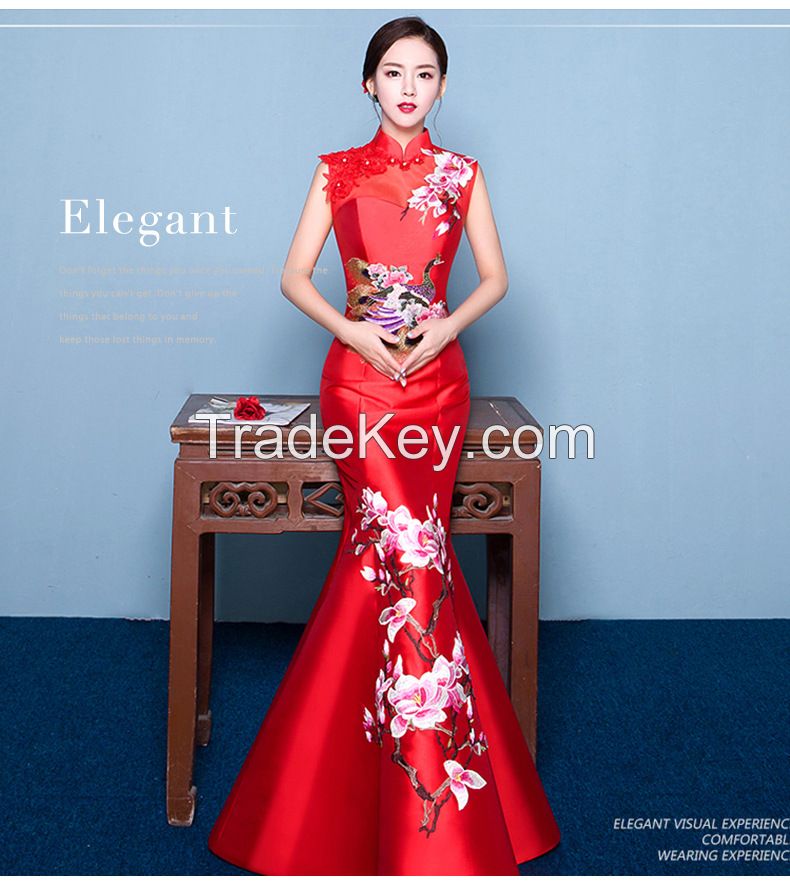 2016 new Chinese cheongsam embroidered retro fishtail dress party shou