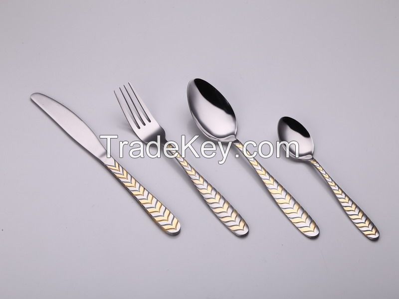 High grade stock mirror polish Fork spoon knife set gold plate cutlery