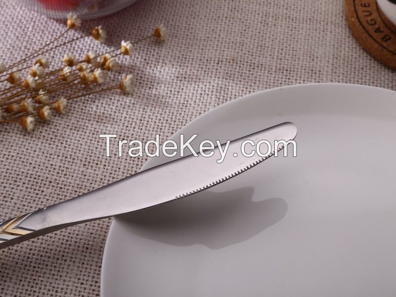 High grade stock mirror polish Fork spoon knife set gold plate cutlery