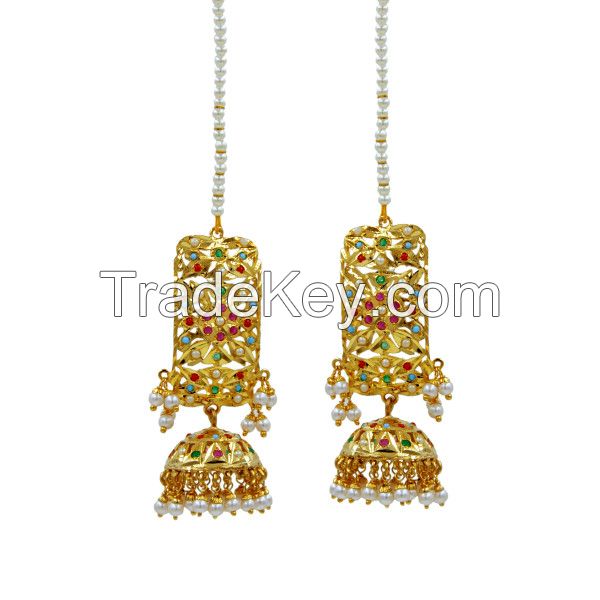 Golden Jhumka Earrings With Multi Colour Stones