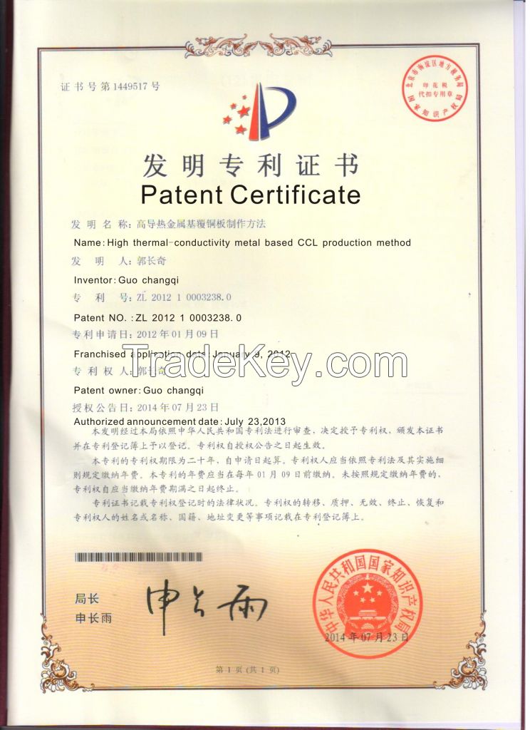 high thermal conductivity aluminum based CCL manufacturer in Shenzhen China UL passed