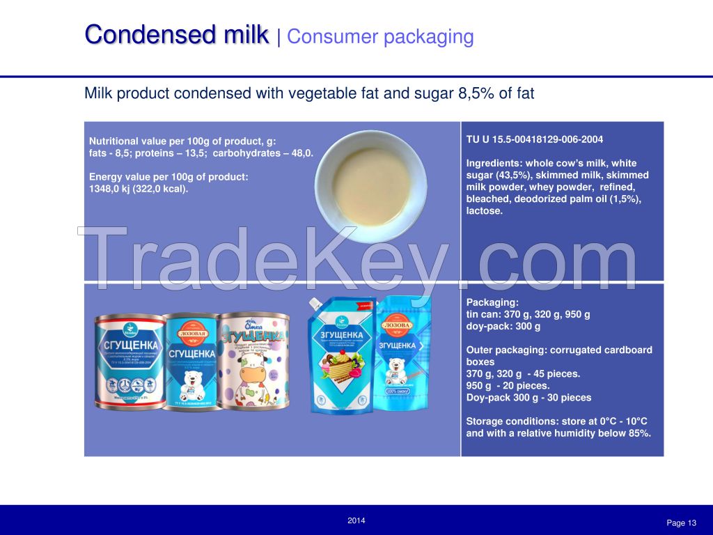 sweetened condensed milk with vegetable fat and sugar 8, 5% of fat