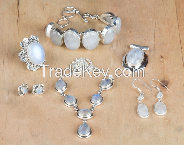 Wholesale Natural Handmade Sterling Silver Rainbow Moonstone Gemstone Jewelry Set