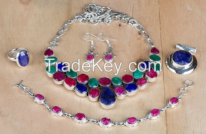 Wholesale Sterling Silver Ruby, Emerald Gemstone Jewelry Set