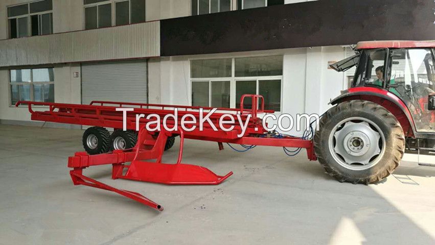 bale bundle transportation trailer for farm tractor with hydraulic self loading and self unloading