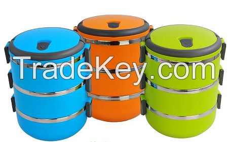 1- 4 Layer Round Shape Plastic And Stainless Steel Colored Tiffin Lunch Box food storage container  With Lock