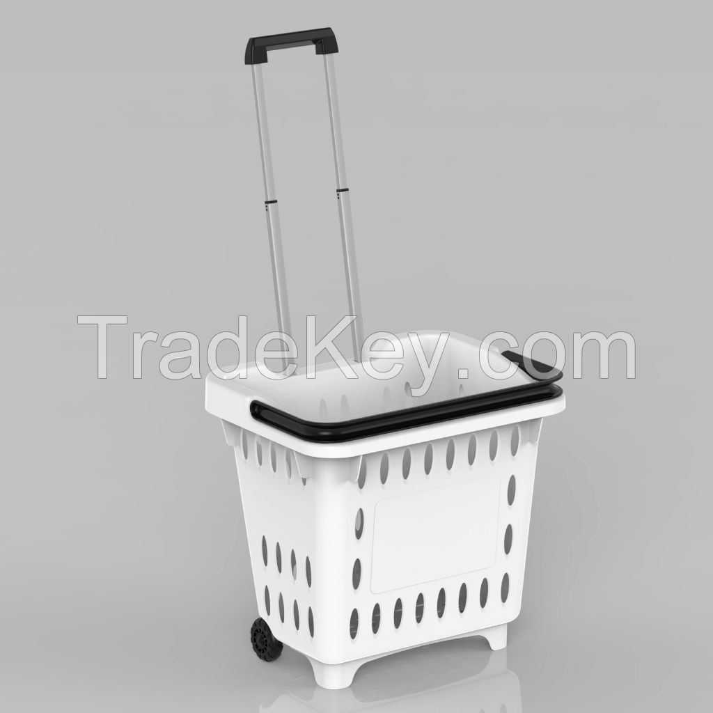 Plastic rolling supermarket shopping basket