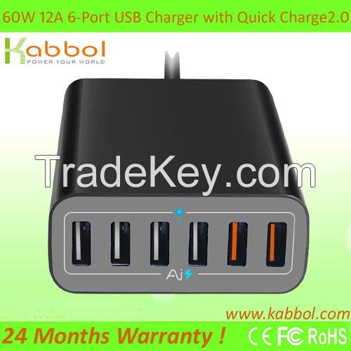 Quick Charge 2.0, 60W 6 port USB Fast Charger Wall/Travel Power Adaptor with Qualcomm Technology for Apple iPhone 6s 6s plus 5s 5c 4s and Tablets