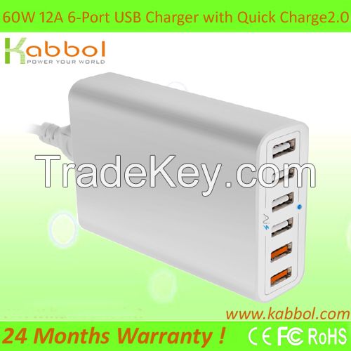 Quick Charge 2.0, 60W 6 port USB Fast Charger Wall/Travel Power Adaptor with Qualcomm Technology for Apple iPhone 6s 6s plus 5s 5c 4s and Tablets