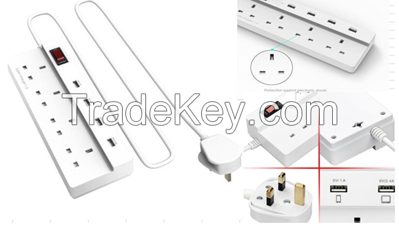 New Arrival 2016 UK Power Strip Surge Protector 4 AC Outlets Extension Sockets with 4 USB Ports for Apple iPhone 6s 6s plus 6 6plus 5s 5c 4s