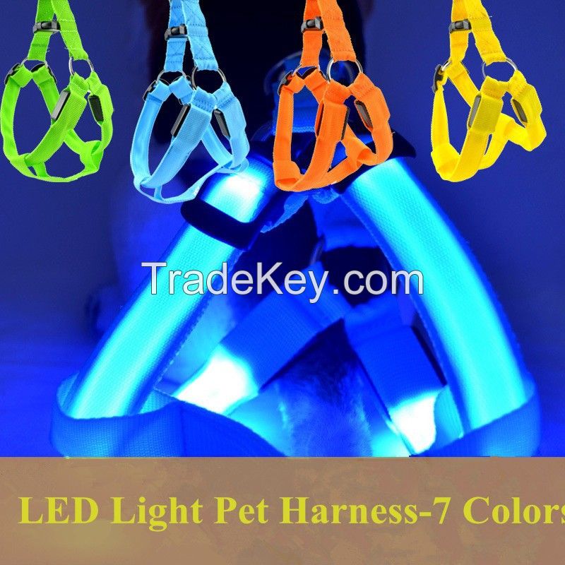 Wholesale Factory Price Nylon Flashing LED Dog harness LED Dog collar LED dog leash with 4 size