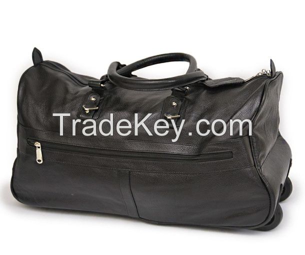 Genuine Leather Travel Duffle Outdoor Luggage Trolley Bag Black