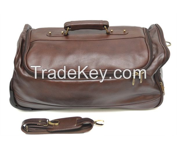 Genuine Leather Travel Duffle Outdoor Luggage Trolley Bag Black