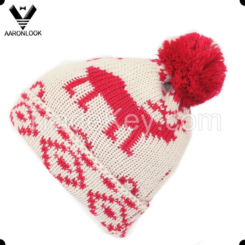 2016 New Fashion Deer Jacquard Pattern Beanie Hat With Pompom