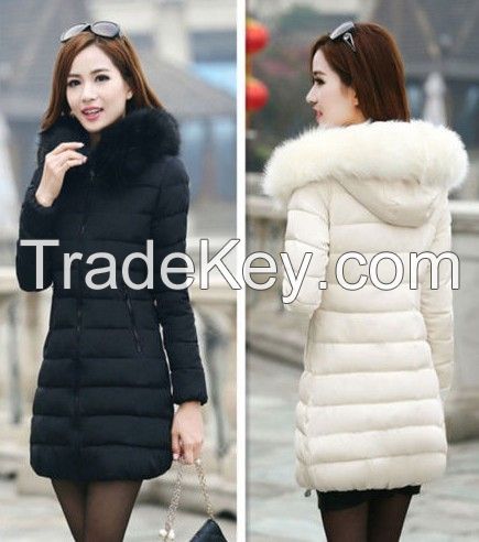 Hot Fashion Winter Women Down Cotton Parka Long Fur Collar Hooded Coat Jacket