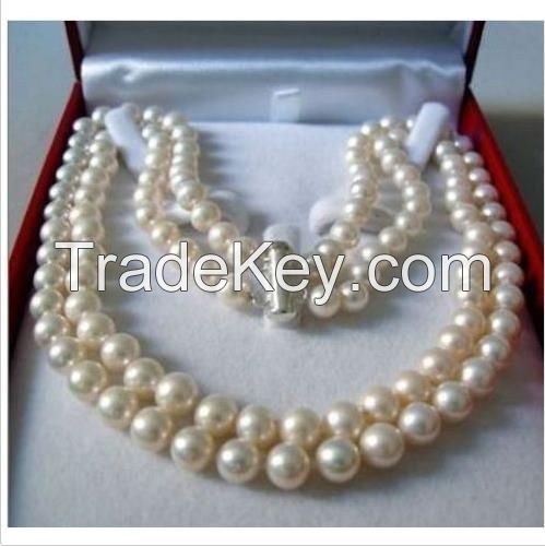 Beautiful 2 Rows 8-9 mm SALTWATER PEARL NECKLACE17-18inch