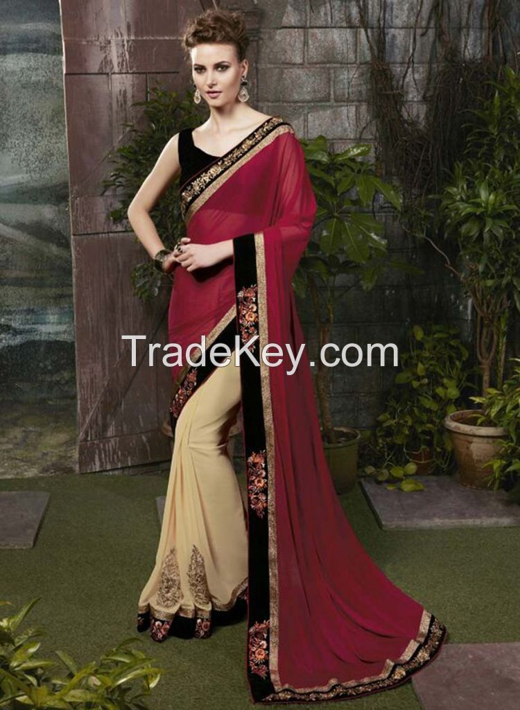 Exotic Red and Beige Half Saree