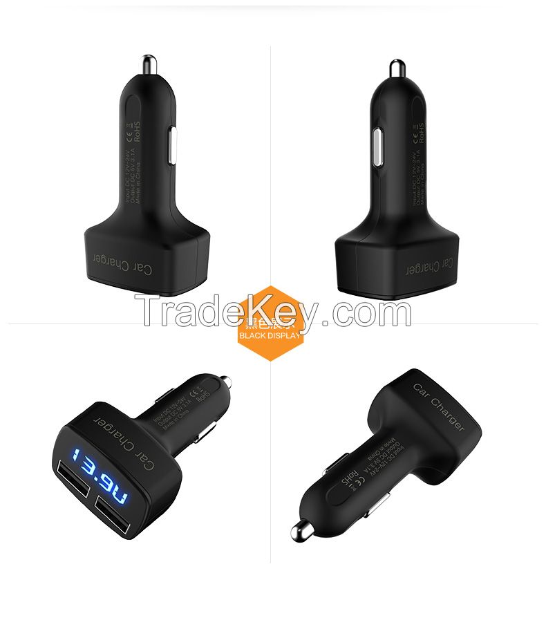 2-port 5A Car Charger with Charging Current, voltage and in-car Temperature Display
