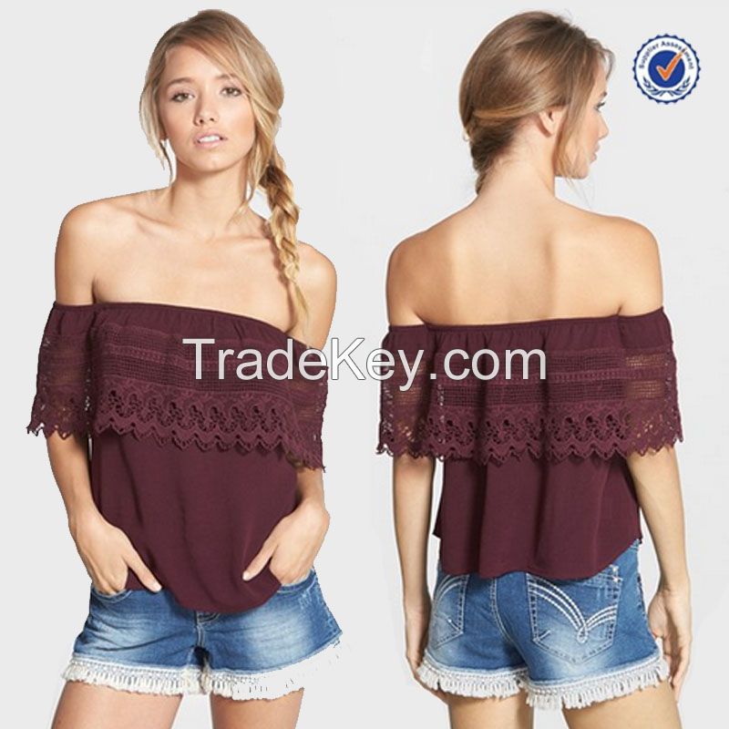 2016 summer OEM crochet trimmed ruffle off shoulder ladies tops