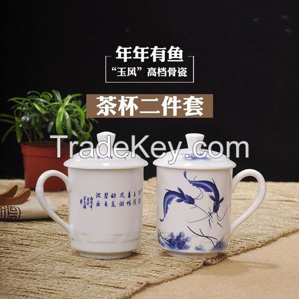 Pair of High Quality Blue and White Bone China Mugs