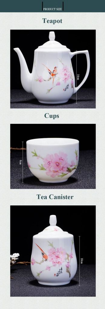 High Quality Hand Painted Peach Blossom Floral White Porcelain Tea Set 8pcs