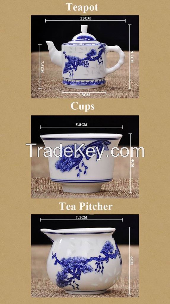 High Quality Hand Painted Blue and White Bone China Kung Fu Tea Set 8pcs