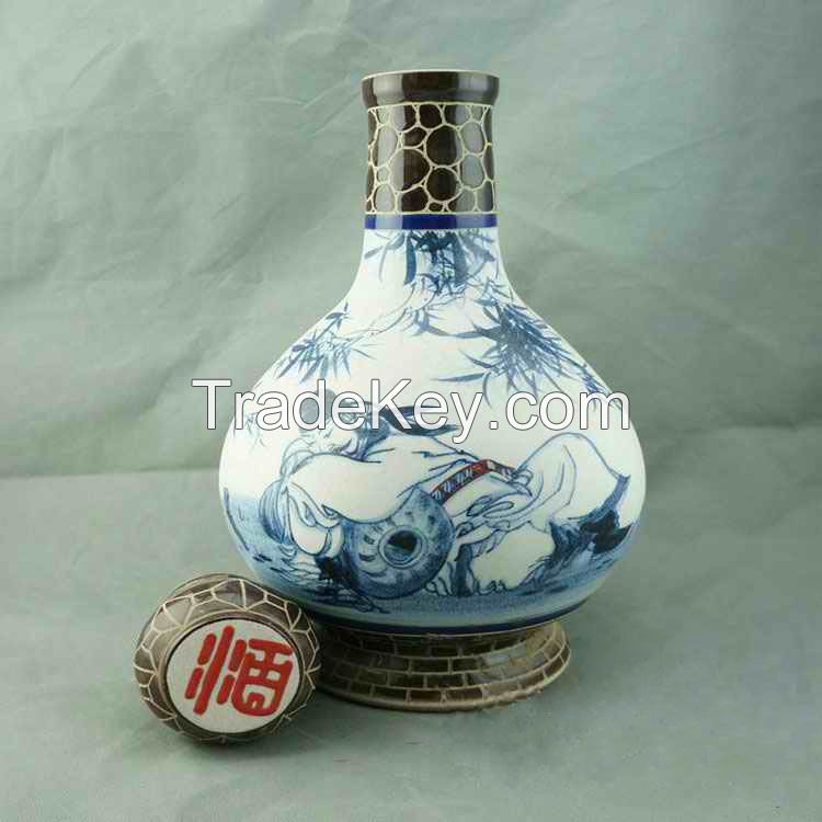 Hand Painted Frosted Blue And White Wine Bottle