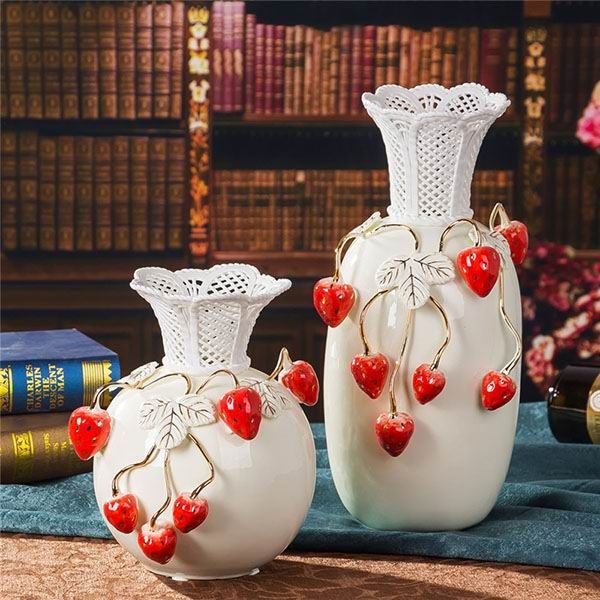 White Porcelain Vase Set With Handmade Strawberries