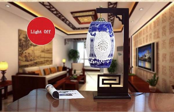 Chinese Hollow Carved Blue and White Porcelain Lamp with Wooden Frame