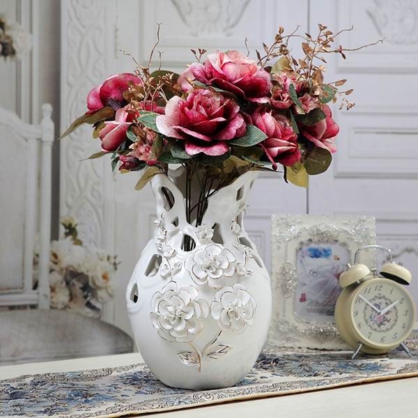 Embossed Rose Flower White Porcelain Vase