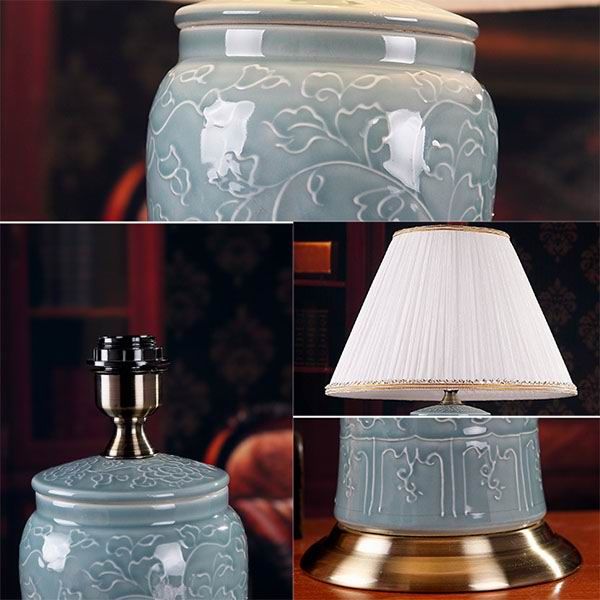 Cylinder Shaped Shadow Celadon Porcelain Lamp