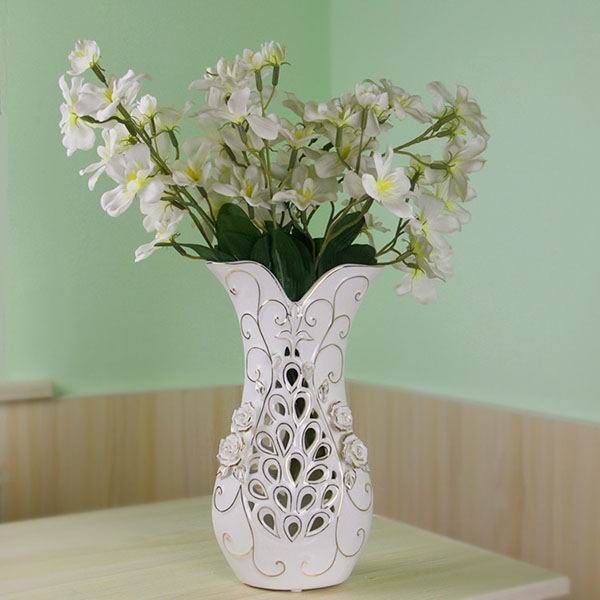 Hollow Carved White Porcelain Vase Embossed Gold Outline Flowers