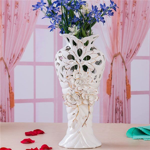 Embossed Rose Flower Hollow Carved White Porcelain Vase