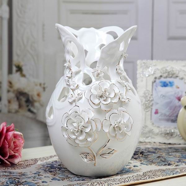Embossed Rose Flower White Porcelain Vase